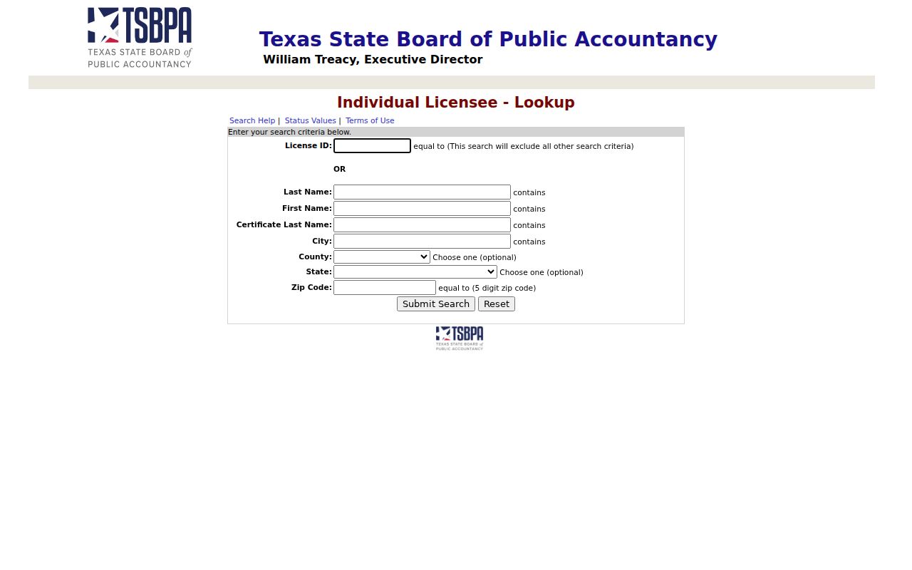 Nueces County resident lookup with Texas accountancy license fields