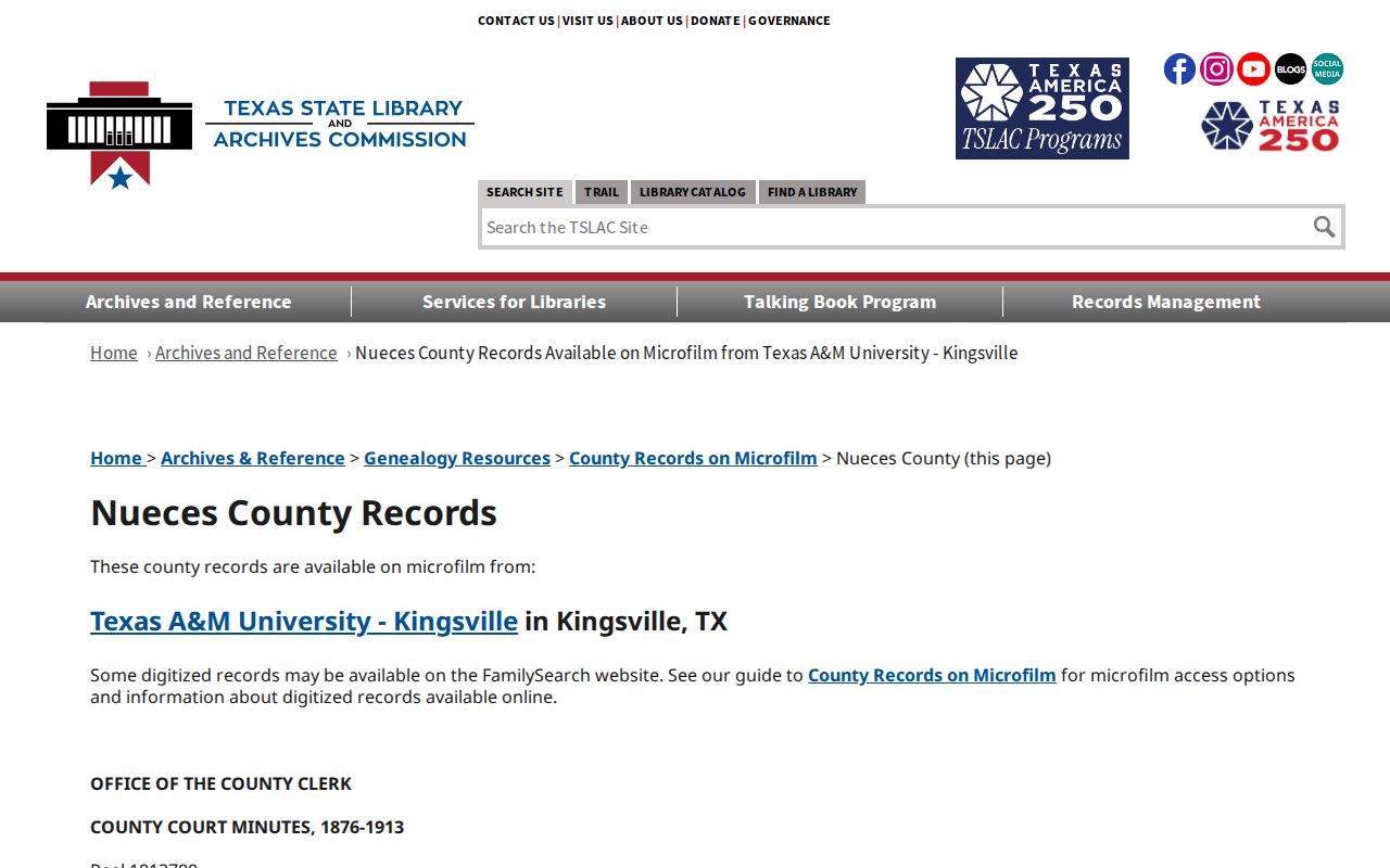 Nueces County previous residents TSLAC archival reel list
